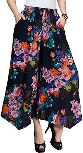 Womens Comfy Elastic Waist Cotton&amp;Linen Floral Culottes Wide Leg Pants Color 43 Size L
