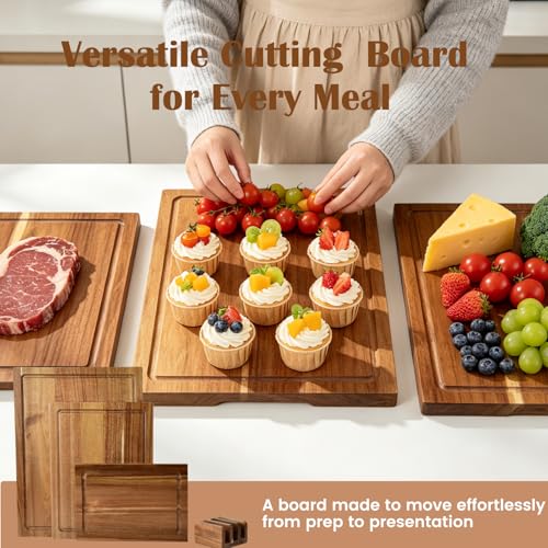 Bierofaro Acacia Wooden Chopping Boards with holder,Cutting Board Set of 3 for Kitchen,Reversible Meat Cutting Board Set with Handle,Butcher Block Wooden Trays for Meat,Fruit Vegetable and Cheese