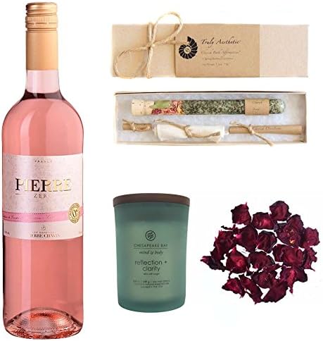 Relaxing Wine Bath Set Featuring Zero Rosé (Non-Alcoholic Sparkling Rose Wine), Reflection + Clarity Candle by Chesapeake, and Cherish Spring Bath Salts by Truly Aesthetic