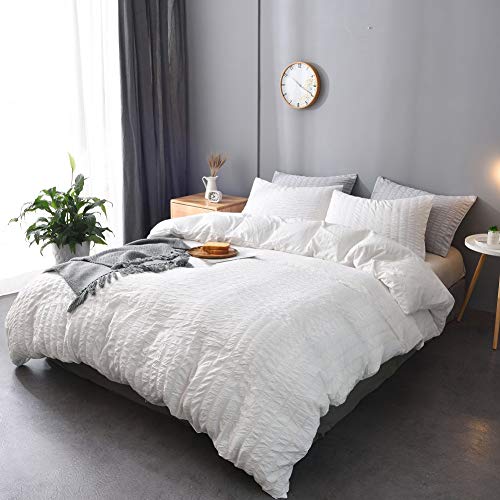 M&Meagle 3 Pieces White Duvet Cover Textured Set with Zipper Closure,100% Washed Microfiber Seersucker Fabric,Luxury Hotel Quality Bedding-Queen Size(1 Duvet Cover 2 Pillowcases)