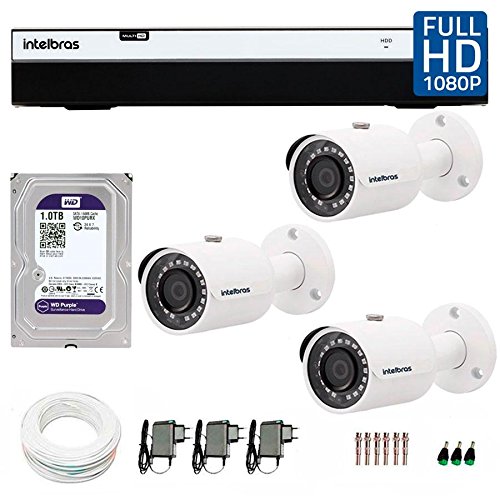 Kit 3 Câmeras de Segurança Full Hd 1080p Vhd 3230b G3 + Dvr Intelbras Full Hd + Hd Wd Purple 1tb + Acessórios