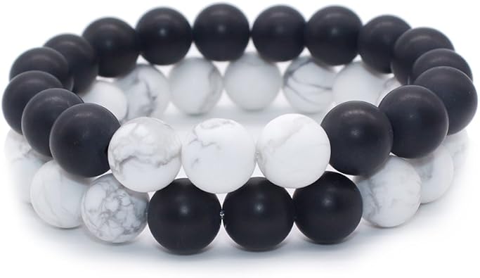 Amazon Com Bivei Black Matte Agate Onyx White Howlite Healing Energy Crystal Men Women Distance Bracelets For Couples Best Friends Families Set Of 2 Jewelry