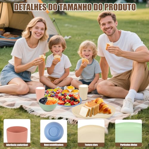 Kit 16 Conjunto de Louça de Palha de Trigo, Conjuntos de Pratos e Tigelas de Plástico Inquebráveis, Conjunto de Louça Inquebrável para 4, Pratos de Jantar Reutilizáveis e Seguros
