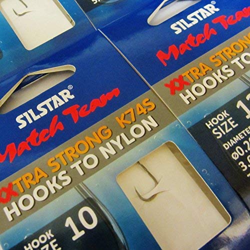 SILSTAR Match Team 24 (4 packs of 6) K74S - Extra Wide Gape XXTRA STRONG Barbless Fishing Hooks to Nylon - Available in size 10, 12, 14 and 16 (4 packs - Size 16 to 0.16mm of 5.5lb)