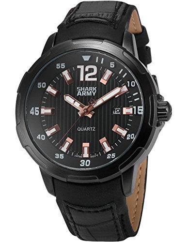 SHARK ARMY Reloj Hombre de Cuarzo, Correa de Cuero Negro, con Calentario SAW157