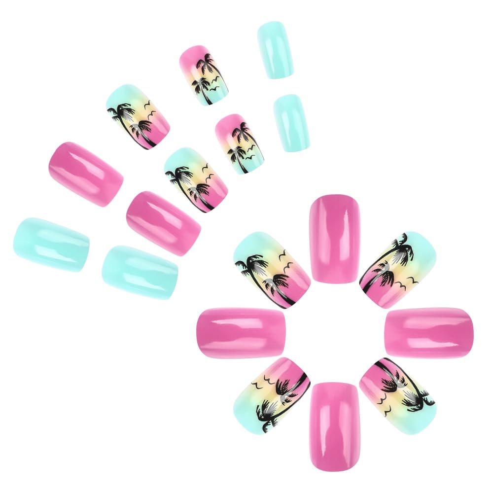 Short Press on Nails Summer Palm Tree Fake Nails Square Acrylic Nails Press ons Glossy Blue Pink Glue on Nails with Twilight Beach Designs Stick on Nails Summer False Nails for Women Girls 24Pcs - Image 5
