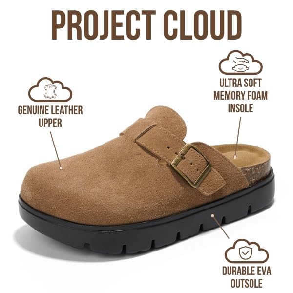 Project Cloud Genuine Leather Platform Clogs for Women Footwear - Memory Foam Arch Support Cork Footbed Casual Shoes & Mules for Women 2025 (Benton Chunky)