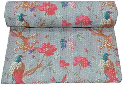 Grey Bird Print Queen Size Kantha Quilt, Kantha Blanket, Bed Cover, Kantha bedspread, Bohemian Bedding Kantha Size 90 Inch x 108 Inch