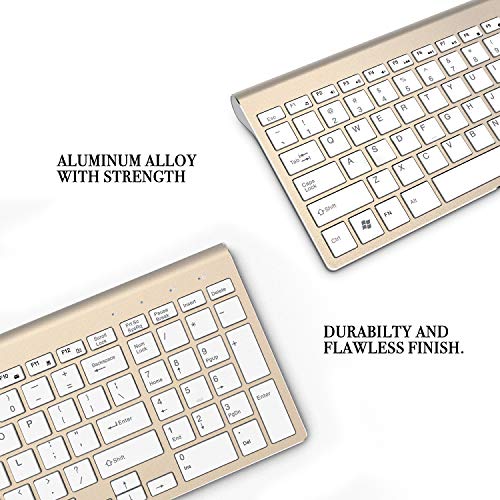 JOYACCESS Aluminum Wireless Keyboard and Mouse Combo,Slim Wireless Keyboard Mouse with Rechargeable Battery and Numeric Keypad for Laptop,Windows,Notebook, PC, Desktop, Computer-White and Gold