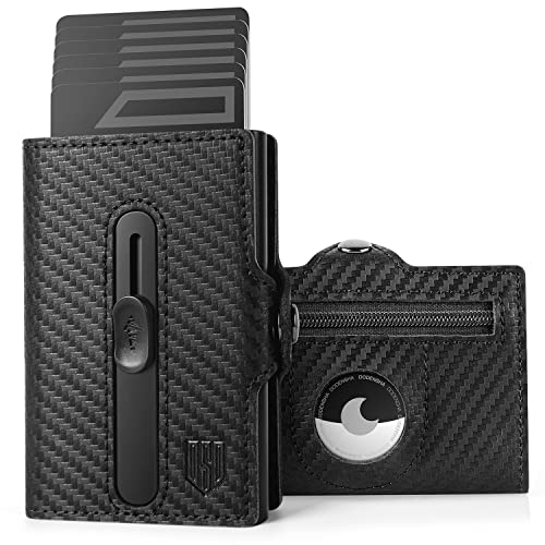 DODENSHA Airtag Wallet, Men's Genuine Leather Slim Credit Card Holder, Metal RFID Blocking Pop Up Credit Card Wallet Smart Wallet for Men with Coin Pocket & ID Window