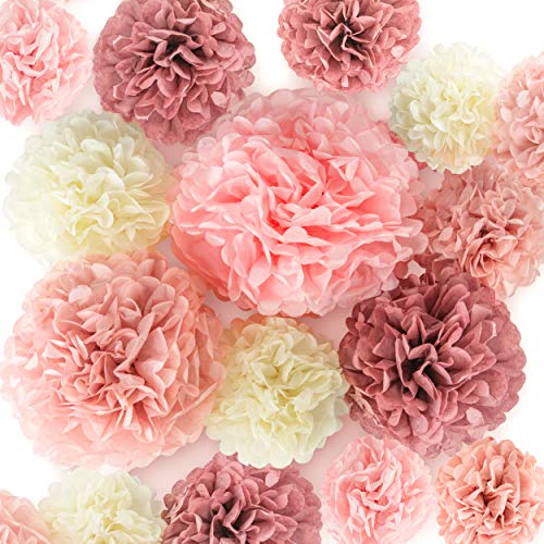 EpiqueOne 20 Pieces Blush Pink, Dusty Rose, Mauve, Cream Tissue Paper Pom Poms - Ceiling and Party Decorations - Backdrop Flowers (Best Pink Cream Blush)