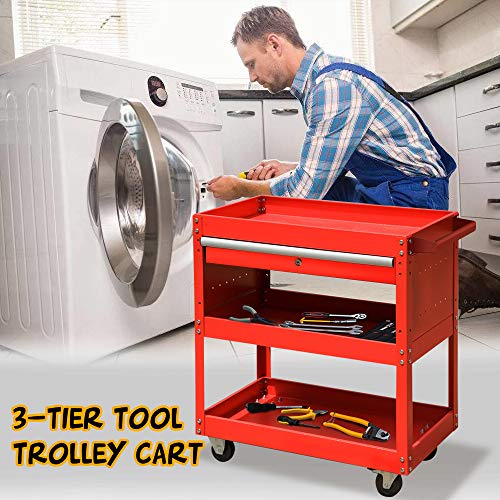 Rolling Tool Cart, 3 Trays Service Tool Cart with Lockable Drawer, Multifunctional Tool Cart, Utility Cart, Mobile Storage Cabinet, Tool Storage Organizer (red)