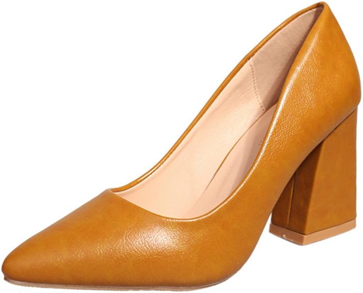 Fashion Pointed Toe Court Shoes PU Leather Block Heel Slip-On Women Shoes for Wedding Office