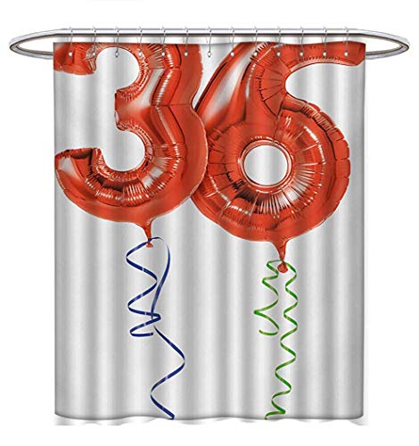 36th Birthday Shower Curtains Fabric Extra Long Cute Fluffy Flying Party Balloons with Colored Curly Ropes Print Bathroom Decor Set with Hooks W48 x L84 Red Green and Blue