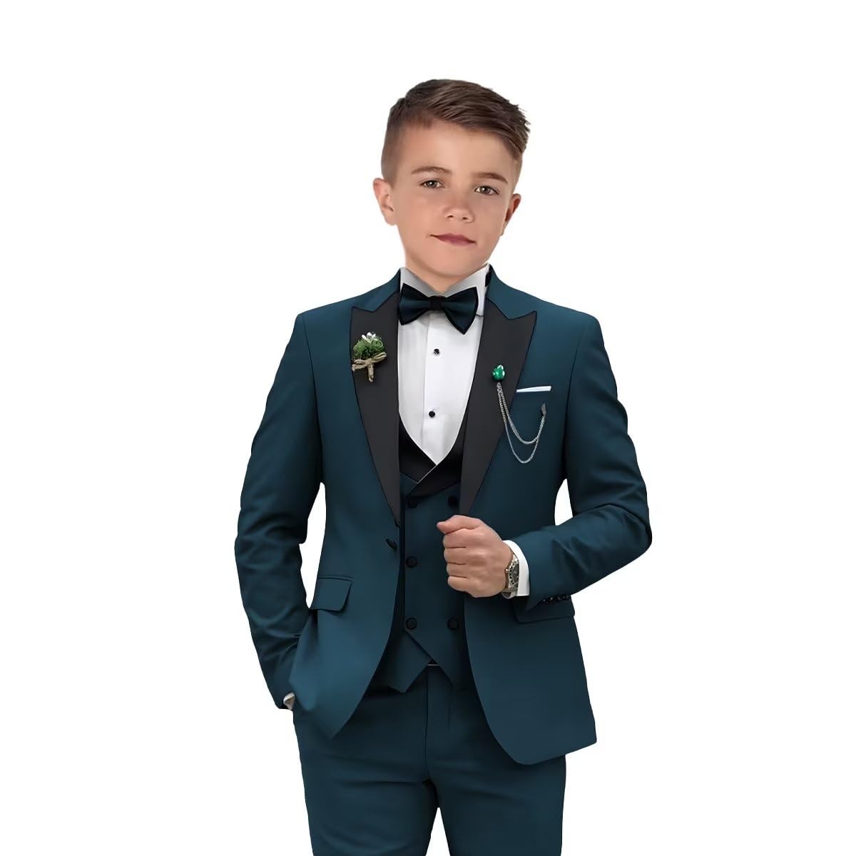Photo 1 of Boys Suits 3 Piece Formal Solid Slim Fit Suit Peak Lapel Blazer Pants Vest Boys Suit Double Breasted Kids Tuxedo Teal