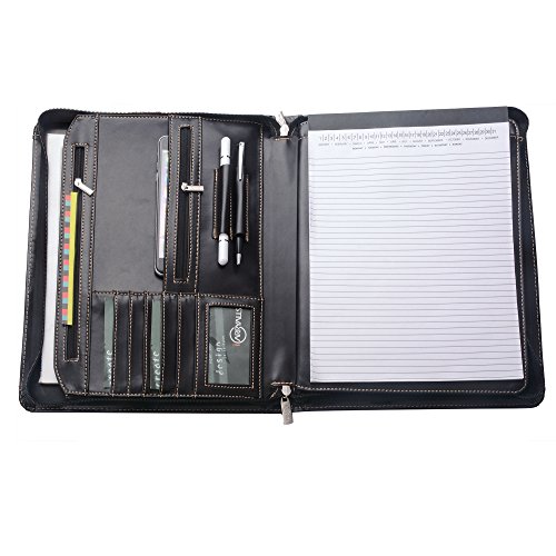 Leather Portfolio with Notepad Space for 10.5-inch / 11-inch iPad, Padfolio Case Business Zippered Organizer Document Folder with Letter Size Notepad Holder