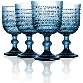 GOROGILE 12 oz Blue Vintage Wine Glasses,Hobnail Drinking Glasses Set of 4,Embossed Goblet Glasses for Wedding,Party, Dinner,Bar