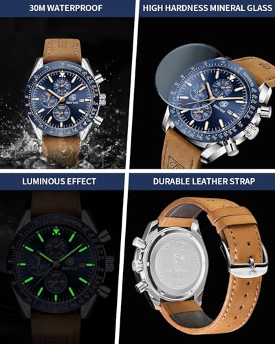 BENYAR - reloj hombres con movimiento de cuarzo, 30 m, resistente al agua, correa de cuero, cronógrafo, reloj analógico, reloj de negocios, resistente a los arañazos