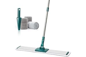 CQT Commercial Flat Microfiber Floor Mop Cleaning System 24" Inch Wet Dry and Dust Hardwood with 4 Washable Pads Cleaner for Laminate Tile Stainless Steel Handle and Extension (PT14 Green)