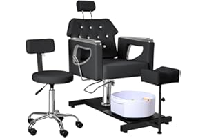 IJIALIFE Pedicure Chair with Foot Spa & Stool, Nail Tech Pedicure Station Set with Adjustable Pedicure Stand, Bubble Massage Basin, Nail Salon Manicure Chair for Spa Salon Home (Black & Silver)