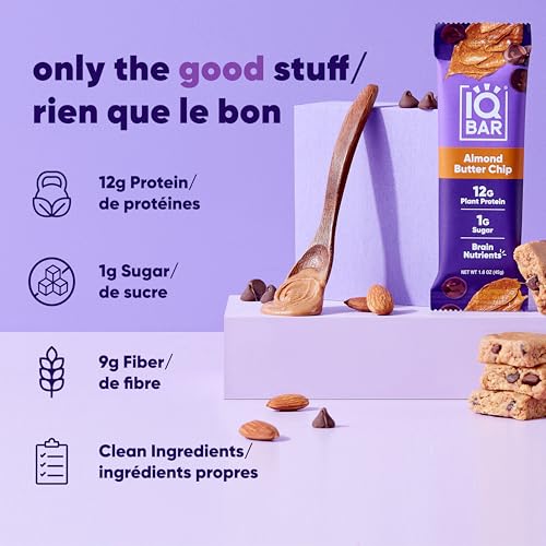 IQBAR Clean Plant Protein Bars - Almond Butter Chip - 12 Count - Keto, Vegan, High Fiber, Gluten and Dairy Free, Low Sugar Snack - Brain and Body Nutrients for Focus, Energy, Meal Replacement