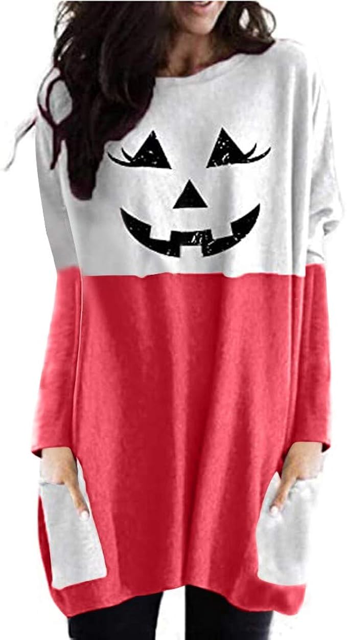 Long Sleeves Tops for Women Halloween Pumpkin Face Print Pullover Tops