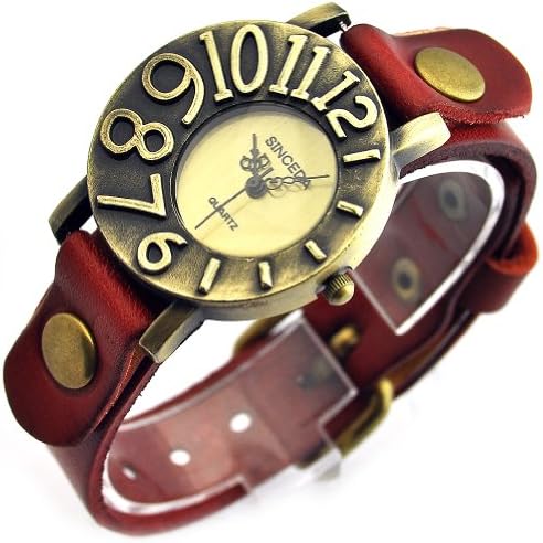 Genuine Leather Punk Retro Arabic Numerals Women's Fashion Watch Red Strap