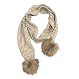Hatsandscarf CC Exclusives Cable Knit Scarf with Faux Fur Pom (SK-43) (Beige)