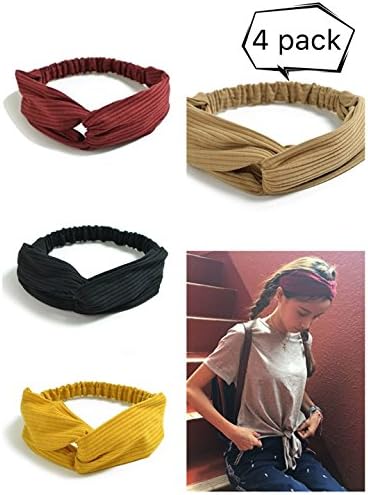 Fanned Stretchy Headbands Crochet Cotton Hair Accessories Women Wraps Turban Knotted Scrunchies (4 pack Red yellow gray black)