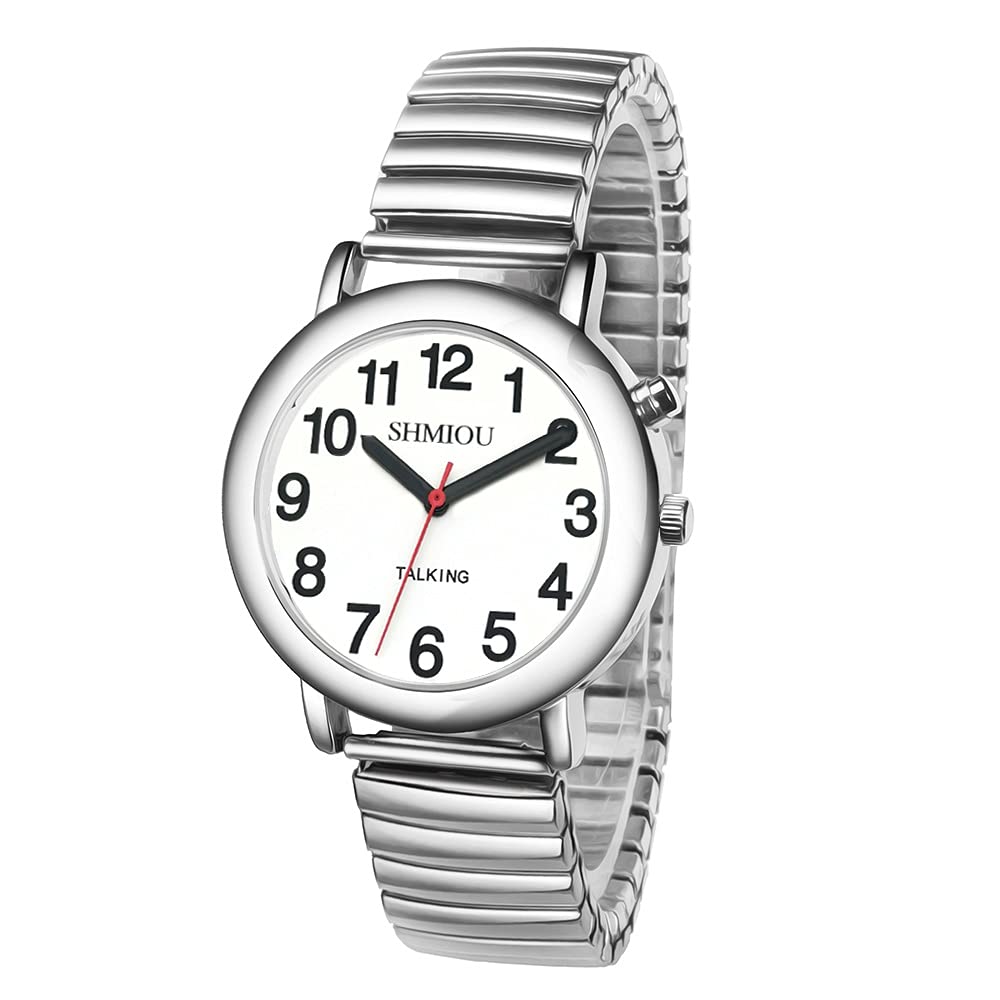 SHMIOU English Talking Watch Unisex for The Blind Visually Impaired Elderly Man Woman Men Ladies Expansion Band Quartz with Alarm, White Dial, Silver Frame