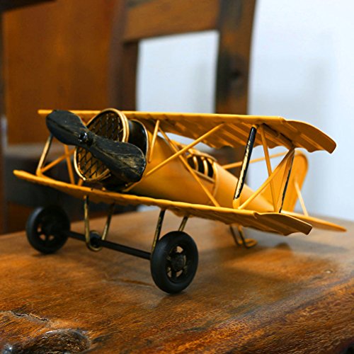 Vintage Airplane Model Metal Handicraft, Wrought Iron Aircraft Biplane, for Photo Props/Christmas/Home Decor/Ornament (Yellow) - Thumbnail 5