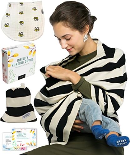 Breastfeeding Nursing Cover + 1 Burp Cloth by HealthySam - Baby Car Seat Covers - Shopping Cart, High Chair, Stroller and Carseat Canopy - Stretchy, Breathable Scarf and Shawl - Cotton - Black Stripes