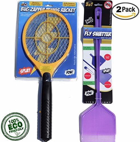 Electric Fly Swatter BUG ZAPPER Insect Racket Kills On Contact Unique 3-Layer Design Safety Mesh That's Safe to Touch BUNDLE 3n1 FLY SWATTER Tweezer Dust Pan Heavy Duty - ECO Friendly Pest Control