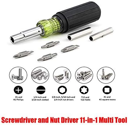 Screwdriver and Nut Driver 11-in-1Multi tool,Industrial Strength Bits,Heavy Duty Screwdriver Including 2 Phillips, 2 Torxs, 2 Flats, 2 Square Heads and 3 Nut Drivers