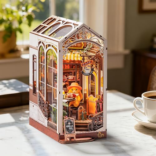 Rolife Book Nook Kit Houses Miniatures to Assemble Holiday Coffee Puzzle Wood 3D Adults with Lights Home Decoration Book Models to Build Adults Gift for Teacher Mother Children