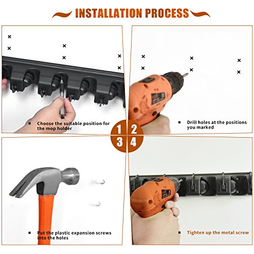 Auwey 2pack Mop Broom Holder Wall Mount with Hook Gripper Slot, Garden Storage Rack Mop Broom Handle Kitchen Storage Garage Garden Tools Commercial Organizer (5 Position 6 Hooks)