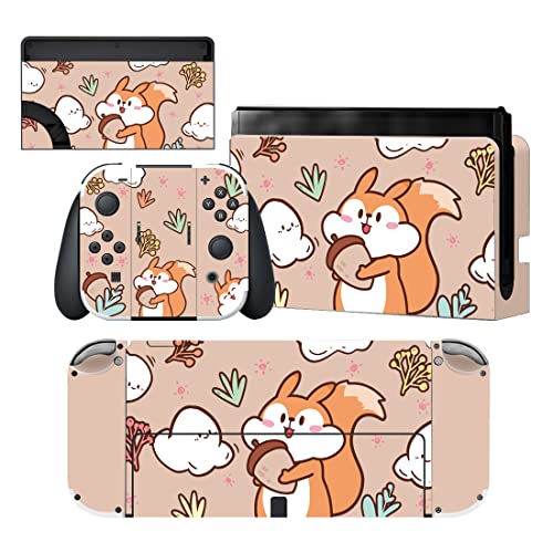 PlayVital Full Set Protective Stickers for Nintendo Switch OLED Model, Customized Vinyl Decal Skins for Switch OLED Console & Joycon & Dock & Grip - Squirrel with Acorn