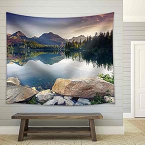 Mountain Lake in National Park High Tatra Strbske Pleso, Slovakia, Europe Beauty World - Fabric Wall Tapestry Home Decor - 51x60 inches