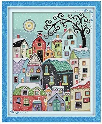 Cross Painting Show Snow Street Scenery Cross Stitch Kit 14ct 11ct Count Printed Canvas Stitches Embroidery DIY Handmade Needlework (Cross Stitch Fabric CT Number : 14ct Print Canvas)