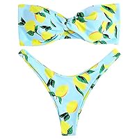 EbuyChX Strapless Backless Padded Lemon Print Low Waist Women Bikini Set Light Blue M