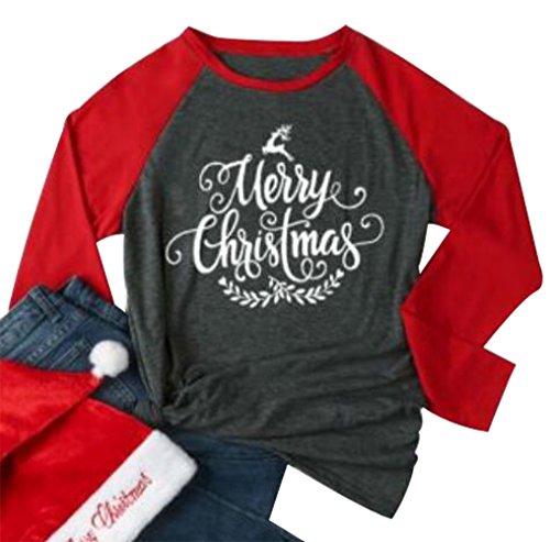 DUTUT Merry Christmas Leaf Print Baseball T-shirt Women Causal Raglan Long Sleeve Tees size S (Red)