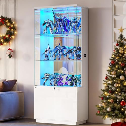 Glass Display Cabinet with Lights, Modern Curio Cabinet Display Cases for Collectibles, Locking Cabinet with Shelves & Drawers, Tall Bookcase with Human Body Sensor for Living Room, White