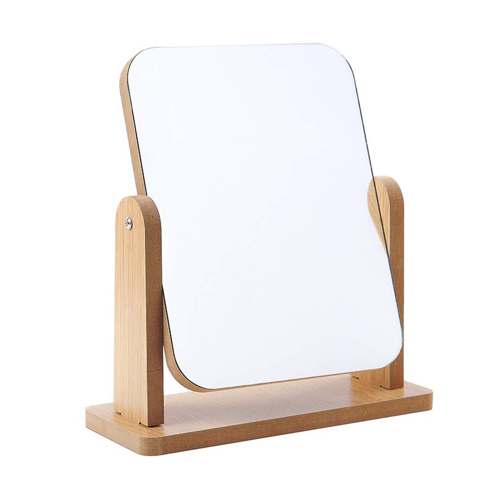 Hosoncovy Tabletop Makeup Mirror with Stand 360 Degree Rotatable Wooden Rectangular Desktop Mirror Free Standing for Bathroom Bedroom Dressing Table