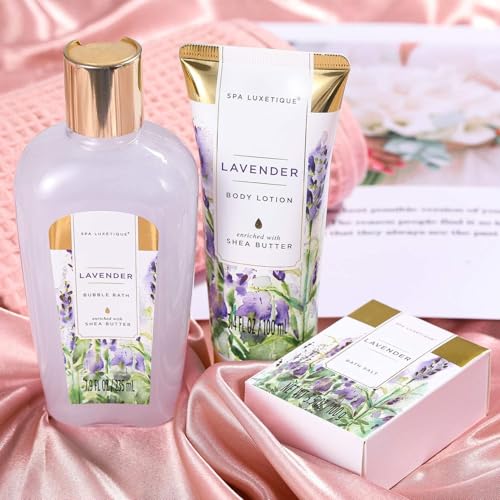 Spa Gifts for Women, Spa Luxetique Spa Gift Baskets with Daisy Scented, 8pc Home Bath and Body Gifts Set, Spa Bath Set Includes Body Lotion, Bubble Bath, Bath Salt, Essential Oil (Lavender)