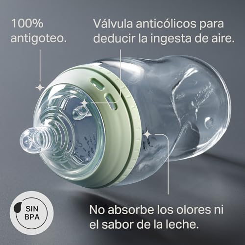 Tommee Tippee Biberones, Biberón Anticólicos Natural Start, 250 ml, 0m+, pack de 1 con Flujo Lento Tetina para un Agarre Natural, Válvula Anticólicos