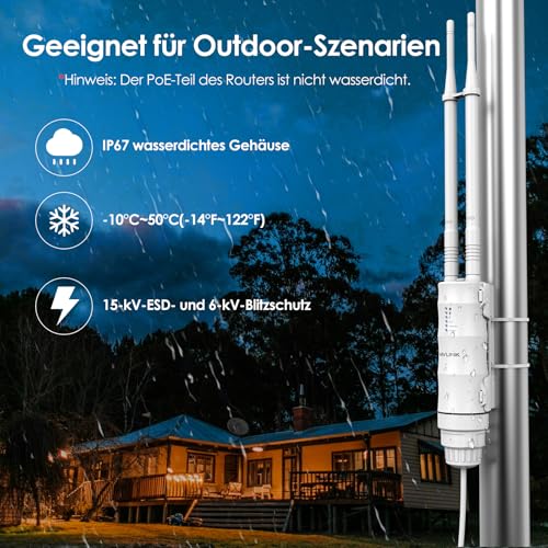 WAVLINK AC1200 Outdoor WLAN Repeater, Weatherproof 1200Mbit/s WLAN Access Point/Amplifier Supports Passive/Active PoE, AP/Router/Repeater Modes, 100Mbit/s WAN/LAN, WPA2, EU Power Supply