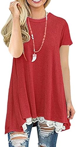 TOKYO CHIC Women's Round Neck Lace Splicing Tunic Blouse Comfy Dress T-Shirts Plus Size Womens Tunic Tops Tunics for Women Lace Fall Clothes Long Ladies Leggings Large Shirts Summer (Large, Red)
