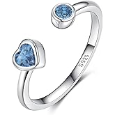 Sterling Silver Birthstone Rings Women, Adjustable Heart Ring Stackable Finger Open Rings Wedding Engagement Promise Eternity Bands with Cubic Zirconia CZ, Birthday Jewelry Gift Size 5-10