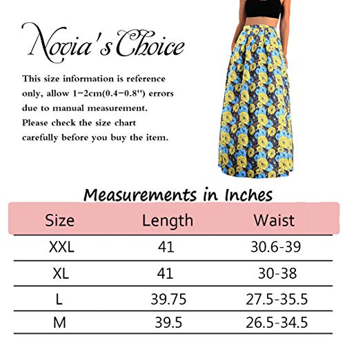 Novia's Choice Women African Floral Print Pleated High Waist Maxi Casual A-Line Skirt(Yellow&Blue Flower XXL)