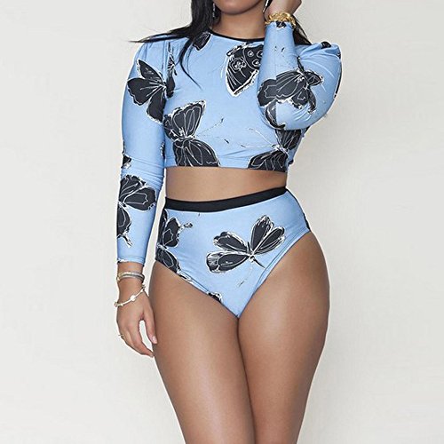 Women Long Sleeve Swimsuit 2Pcs Swimsuit Beachwear Push Up Padded Swimwear Plus Size Bikini Set Butterfly Print - Thumbnail 2